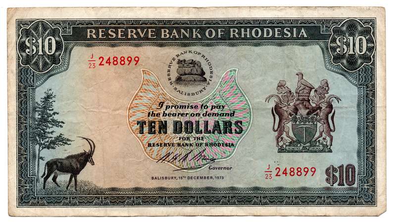 1973 Rhodesia 10 Dollars Pick#33f, creases and folds