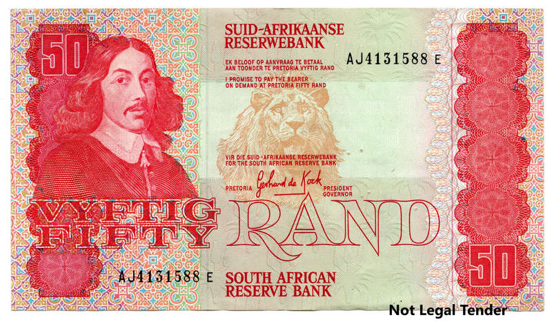 1984 South Africa Type 1 GPC De Kock Third Issue R50, 3 pinholes with slight creasing