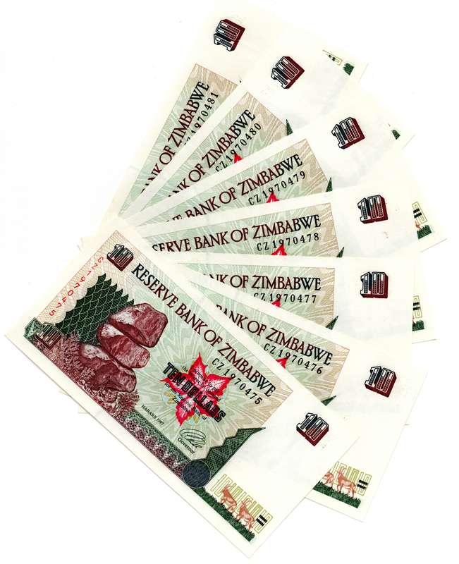 Lot of 19 x Consecutive 1997 Zimbabwe 10 Dollars "CZ1970475 to CZ1970493" Pick#6a
