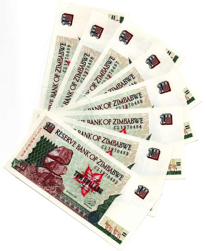 Lot of 19 x Consecutive 1997 Zimbabwe 10 Dollars "CZ1970475 to CZ1970493" Pick#6a