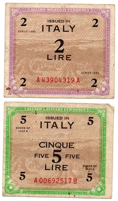 Pair of 1943-A Italy Allied Military Currency 2 and 5 Lire notes