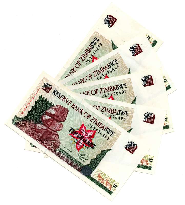 Lot of 5 x Consecutive 1997 Zimbabwe 10 Dollars "CZ1970495 to CZ1970499" Pick#6a