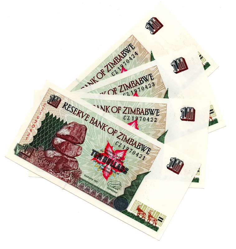 Lot of 4 x Consecutive 1997 Zimbabwe 10 Dollars "CZ1970421 to CZ1970424" Pick#6a