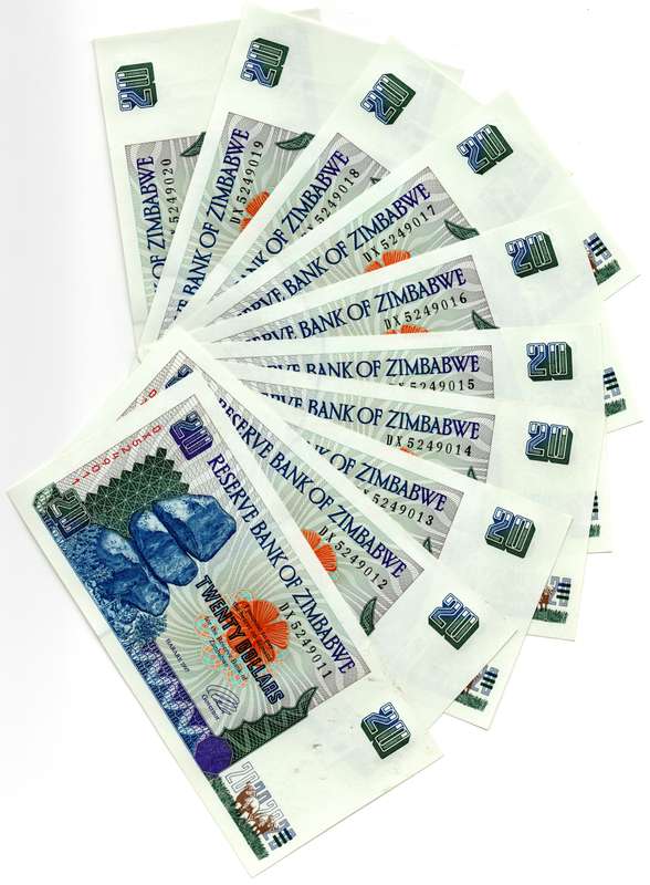 Lot of 10 x Consecutive 1997 Zimbabwe 20 Dollars "DX5249011 to DX5249020" Pick#7a
