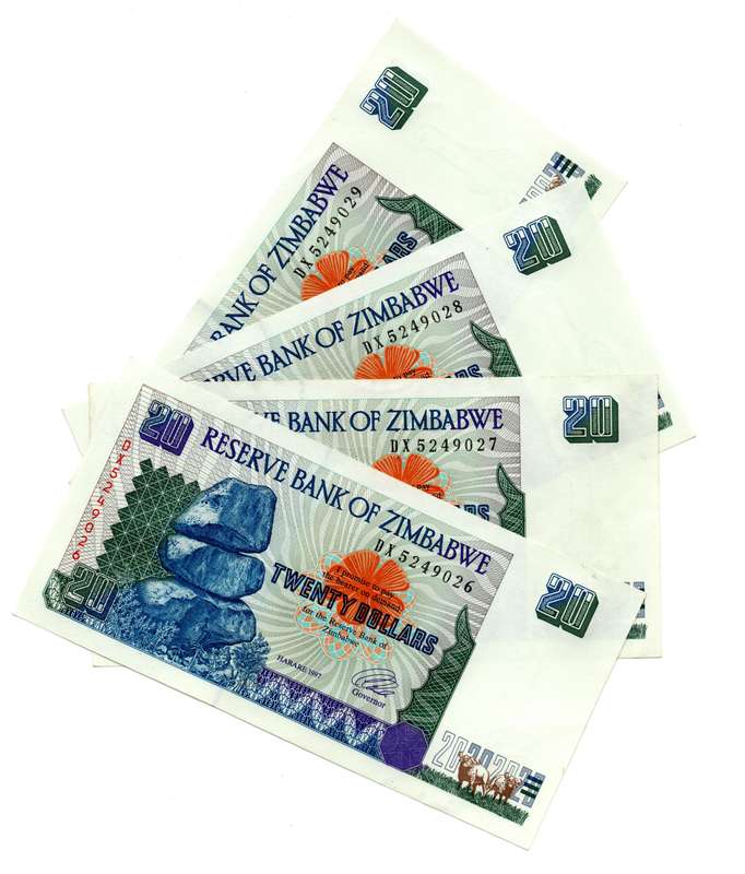 Lot of 4 x Consecutive 1997 Zimbabwe 20 Dollars "DX5249026 to DX5249029" Pick#7a