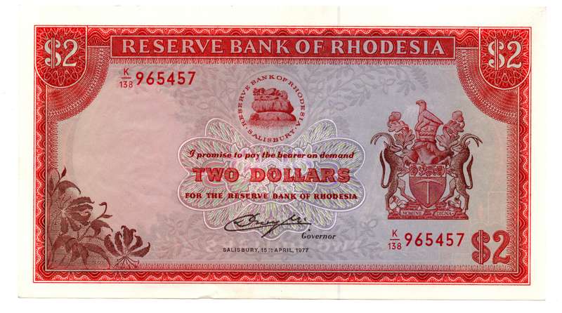 1977 Rhodesia 2 Dollar Pick#35b tiny bottom edge dent