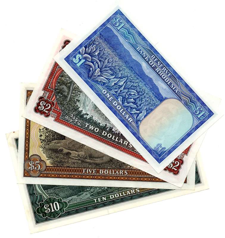 Type set of Rhodesian $1 to $10 Notes: 1978 Rhodesia 1 Dollar Pick#34c 1977 Rhodesia 2 Dollar Pick#3