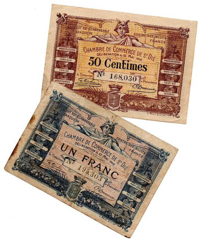 1921 France 50 Centimes and 1 Franc pair, Local Issue notes, folds and stains on both notes