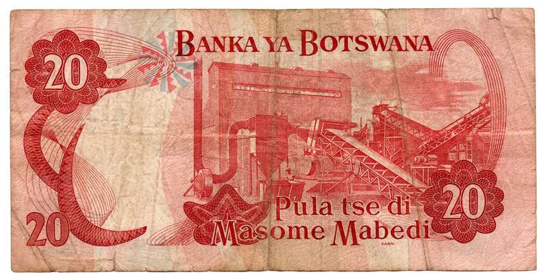 2002 Botswana 20 Pula Radar serial "056605" Pick#25a, top edge tear, folds