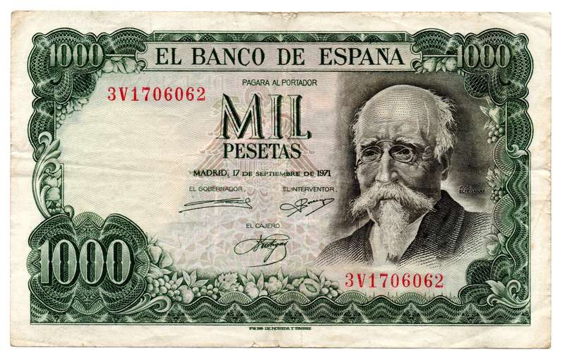 1971 Spain Commemorative Issue 1000 Pesetas Pick#154, folds, tiny top and bottom edge tears