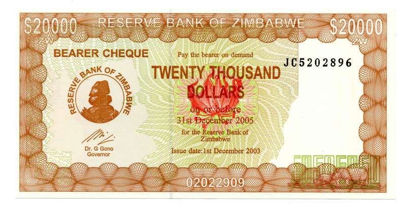 2003 Zimbabwe Emergency Bearer Cheque 20 000 Dollars Pick#23d