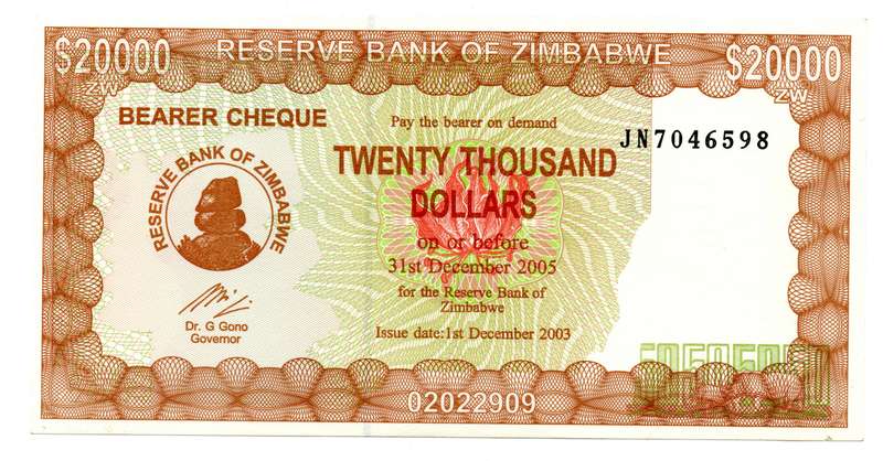 2003 Zimbabwe Emergency Bearer Cheque 20 000 Dollars Pick#23d