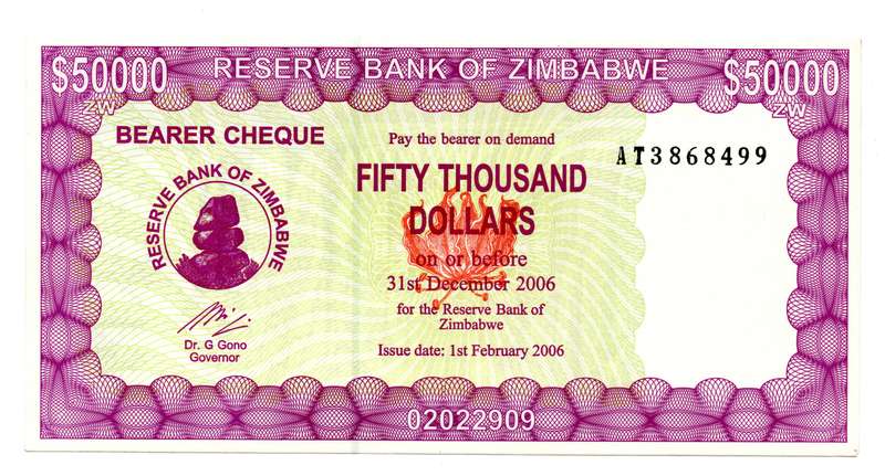2006 Zimbabwe Emergency Bearer Cheque 50 000 Dollars Pick#30