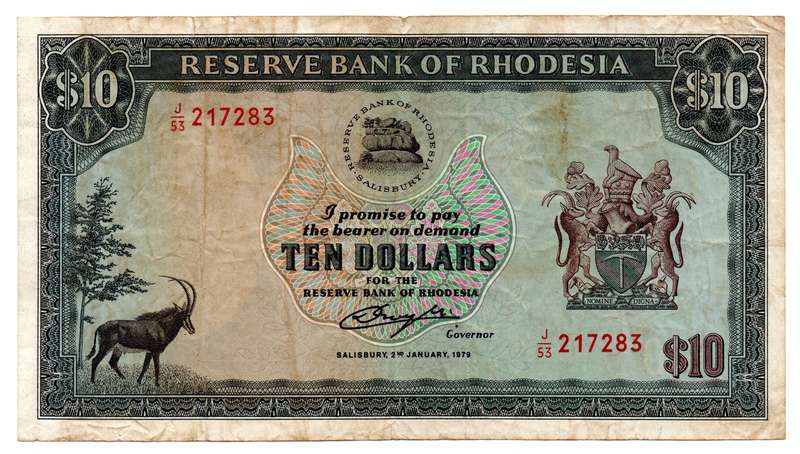 1979 Rhodesia 10 Dollars Pick#41 multiple folds, top edge tear