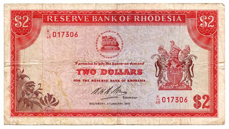 1972 Rhodesia 2 Dollar Pick#31f multiple folds