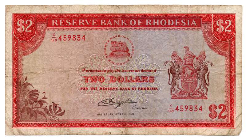 1979 Rhodesia 2 Dollar Pick#35d top and right edge tears