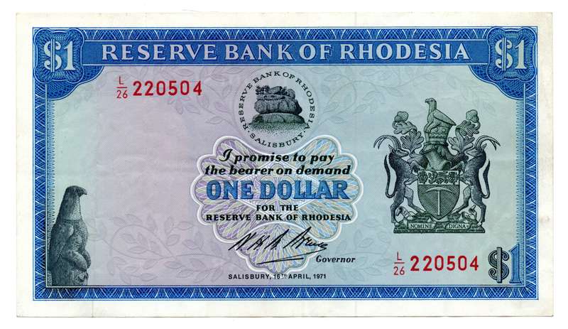 1971 Rhodesia 1 Dollar Pick#30b minor fold lines and creasing
