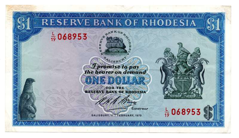 1970 Rhodesia 1 Dollar Pick#30a minor fold lines and top left corner stain