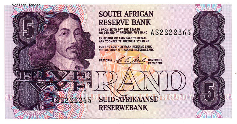 1990 South Africa Type 11 CL Stals First Issue R5 Fancy Serial "2222265"