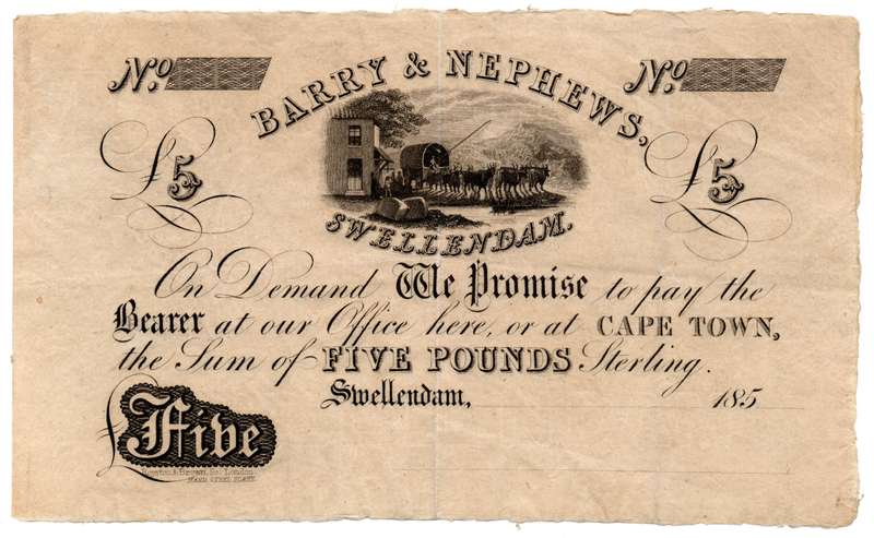 1850's South Africa Swellendam Barry and Nephews Unissued 5 Pound, with Swellendam watermark, vertic