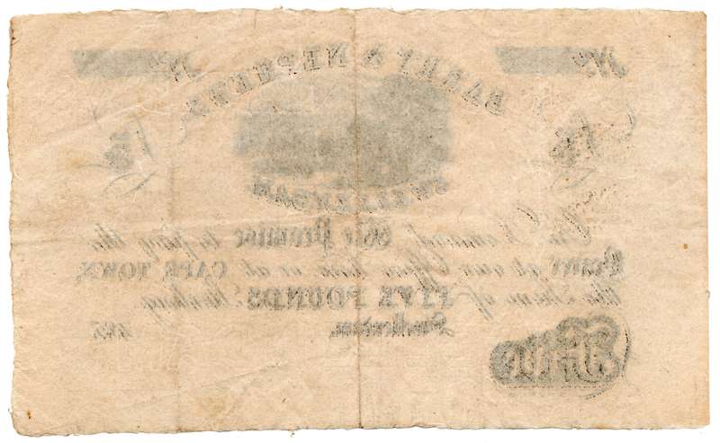 1850's South Africa Swellendam Barry and Nephews Unissued 5 Pound, with Swellendam watermark, vertic