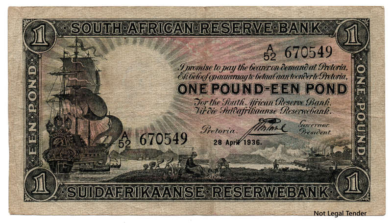 1938 South Africa Type 6 J Postmus Only Issue 1 Pound, folds and 4 tiny pinholes