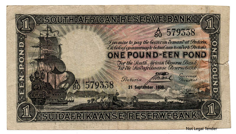 1938 South Africa Type 6 J Postmus Only Issue 1 Pound, folds
