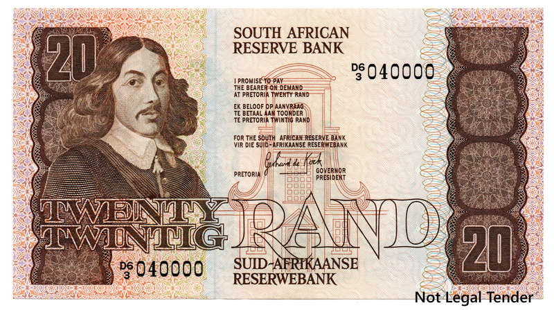 1984 South Africa Type 6 GPC De Kock Third Issue R20 Fancy Serial "040000"