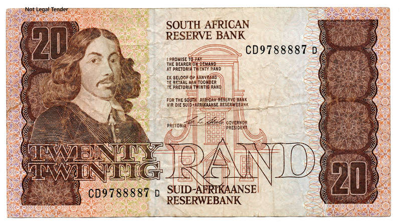 1990 South Africa Type 8 CL Stals First Issue R20 Fancy Serial "9788887", folds and creases