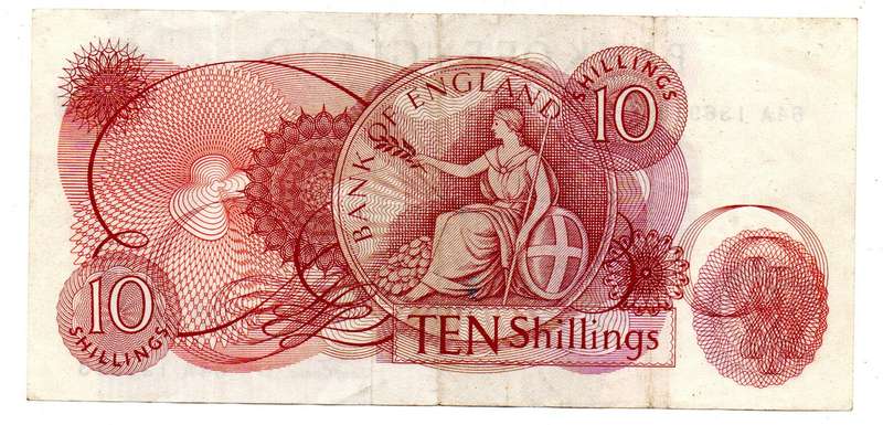 1962-66 Great Britain Bank of England J. Q. Hollom 10 Shilling Pick#373b vertical folds