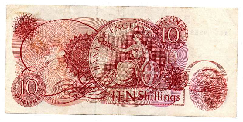 1962-66 Great Britain Bank of England J. Q. Hollom 10 Shilling Pick#373b vertical folds