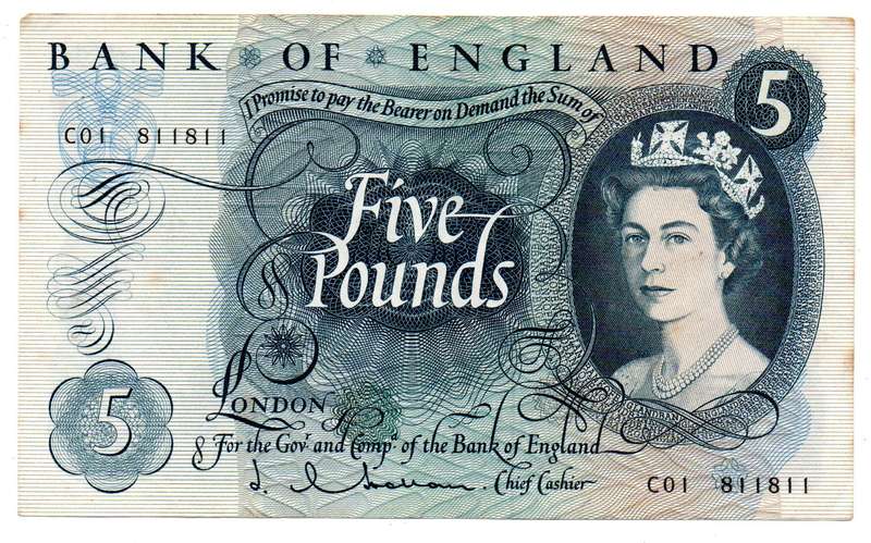 1963-66 Great Britain Bank of England 5 Pound J. Q. Hollom Repeater Serial "811811" Pick#375a slight