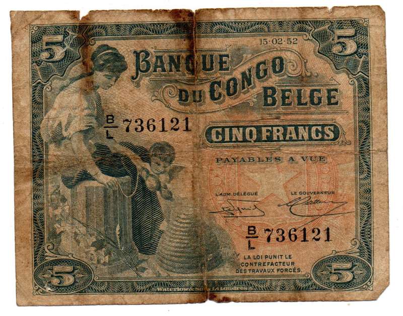 1914 Belgian Congo Filler 5 franc Pick#4, top edge tear 1/4 down to centre, top edge tear into top l