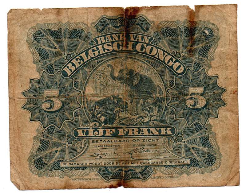 1914 Belgian Congo Filler 5 franc Pick#4, top edge tear 1/4 down to centre, top edge tear into top l