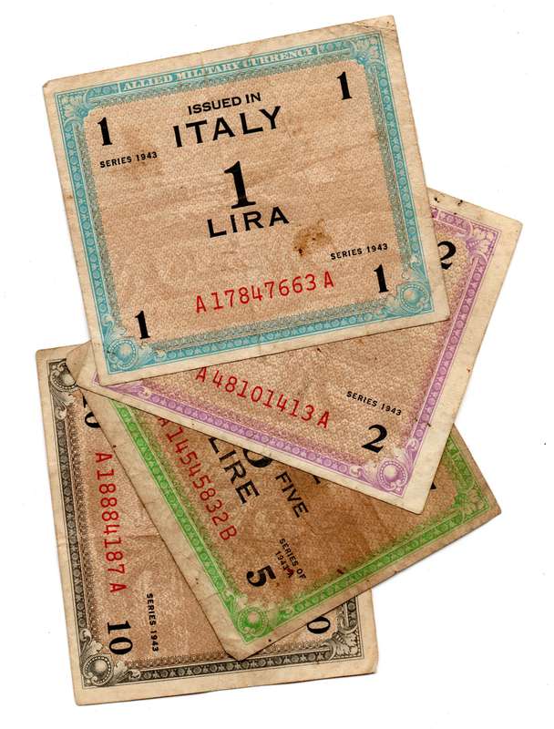1943 Italy Allied Military Currency Lot: 1, 2, 5, and 10 Lire circulated