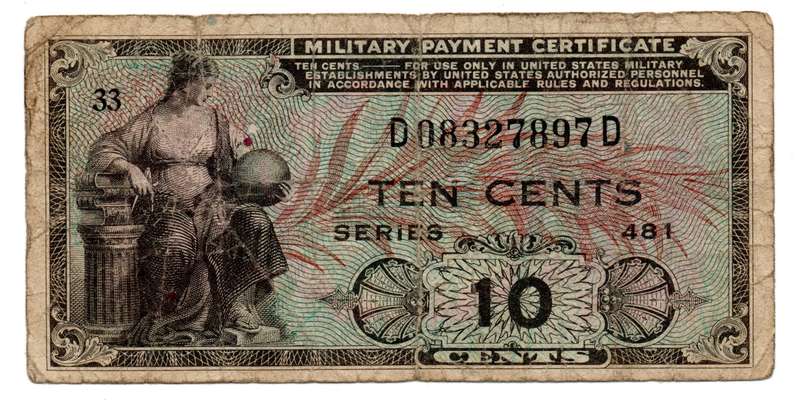 1951-4 United States Military payment certificate series 481 10 Cents, folds and top edge tear