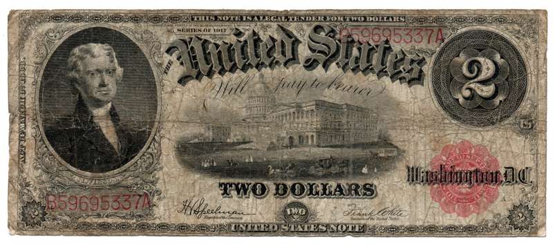 1917 United States Washington DC 2 Dollars, folds and creasing