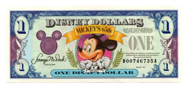 1993 Disney Dollar $1, Mickey Mouse Mickey's 65th