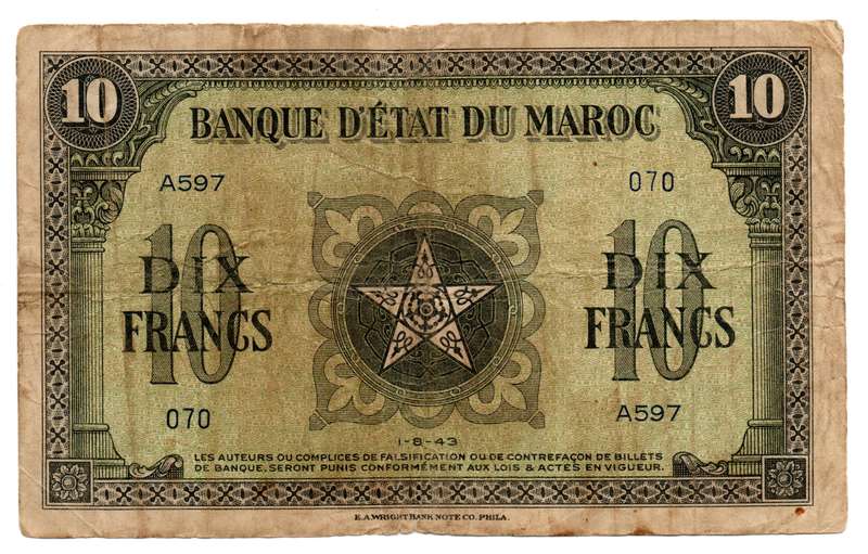 1943 Morocco 10 Francs Pick#25a folds