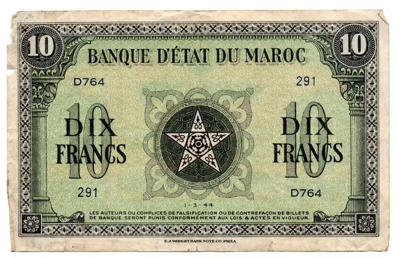 1944 Morocco Filler 10 Francs Pick#25a ex-hinged, glue residue on back right of note