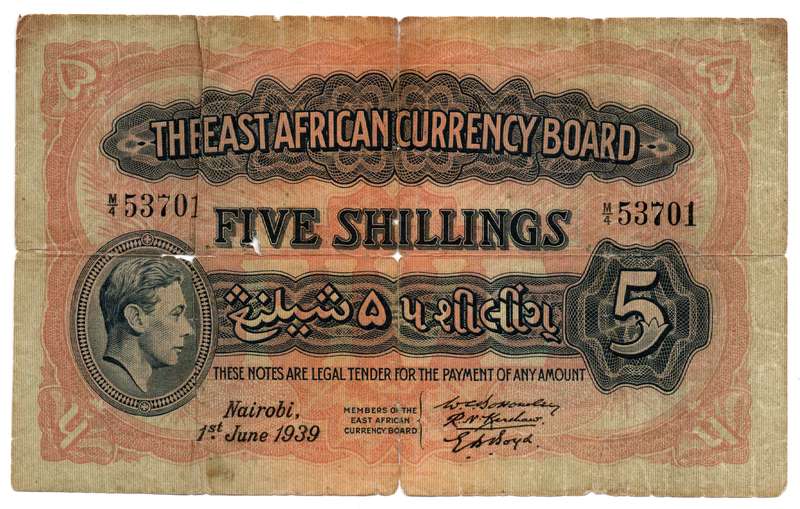 1939 East Africa Currency Board Filler 5 Shilling Pick#28a severe deterioration along fold lines, 3