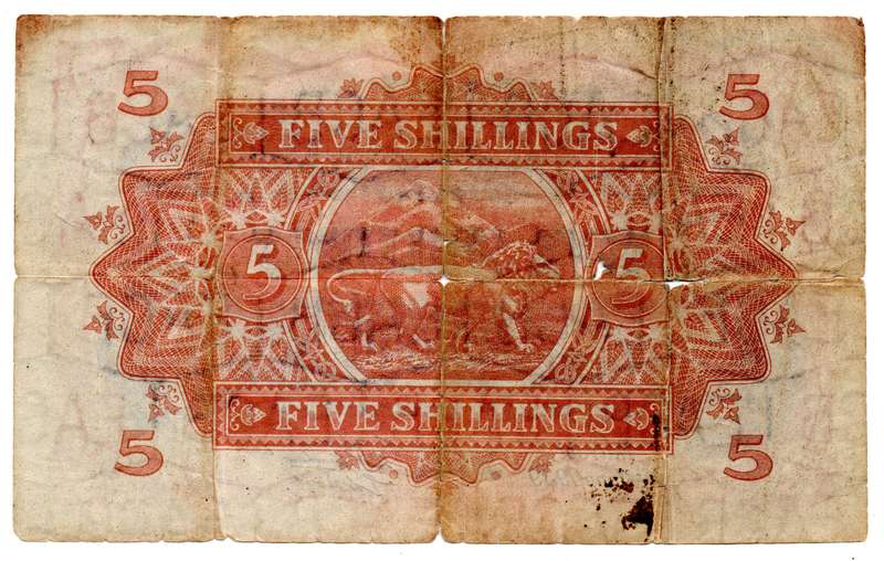 1939 East Africa Currency Board Filler 5 Shilling Pick#28a severe deterioration along fold lines, 3