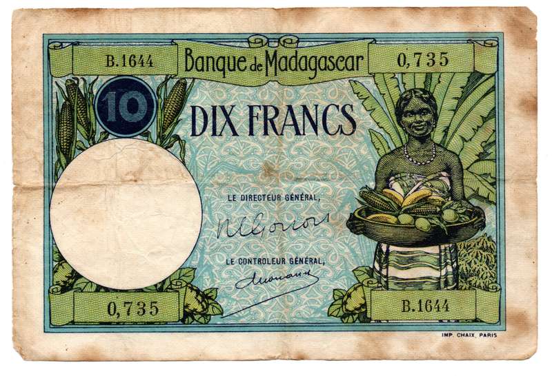 1937-47 Madagascar 10 Francs Pick#36 folds