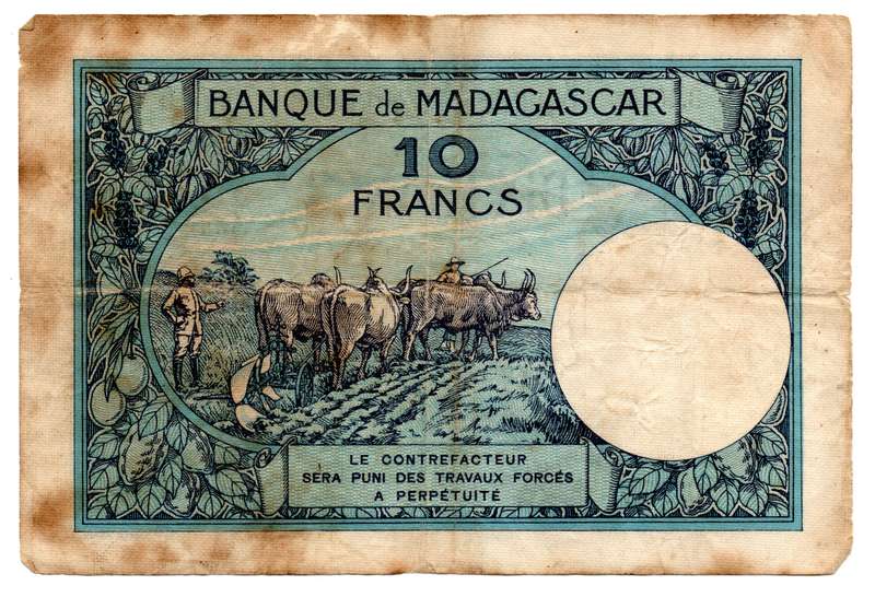 1937-47 Madagascar 10 Francs Pick#36 folds