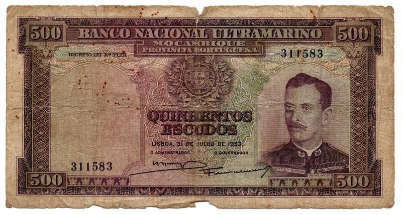 1967 Mozambique Filler 500 Escudos Pick#110a alot of edge damage/edge tears, centre fold hole