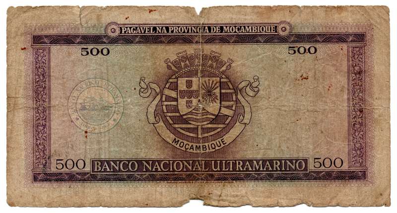 1967 Mozambique Filler 500 Escudos Pick#110a alot of edge damage/edge tears, centre fold hole