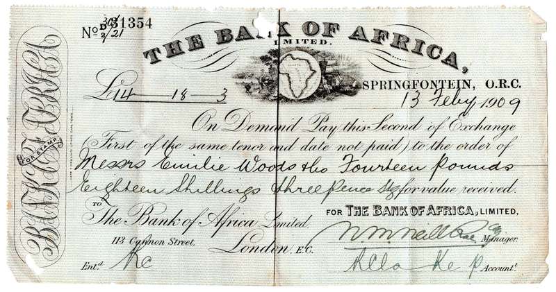 1909 The Bank of Africa Limited Cheque Springfontein, 14 Pounds 18 Shillings 3 Pence, fishmoth damag