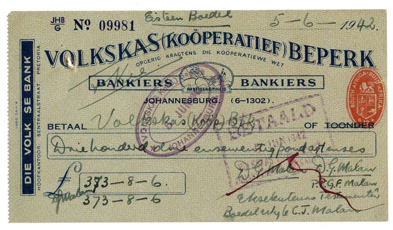1942 Volkskas (Kooperatief) Beperk Cheque, Johannesburg, 373 Pounds, 8 Shillings and 6 Pences from C