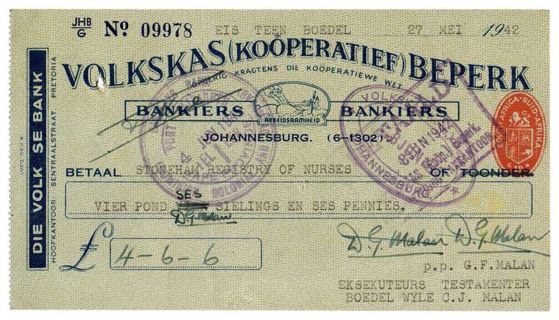 1942 Volkskas (Kooperatief) Beperk Cheque, Johannesburg, 4 Pounds, 6 Shillings and 6 Pences from C.