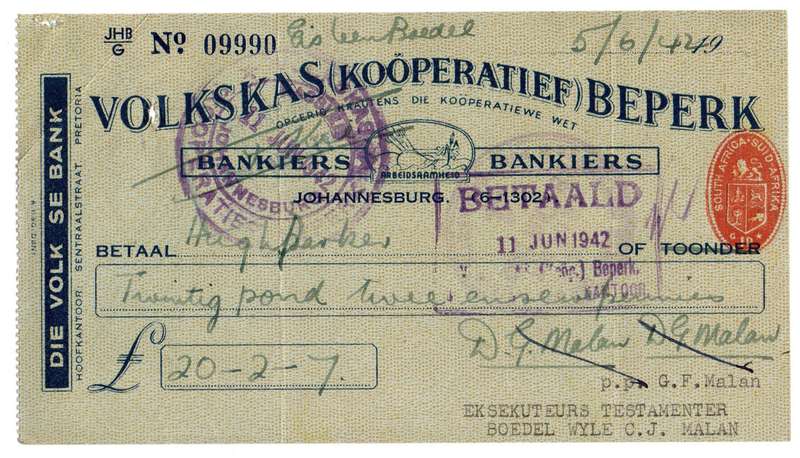 1942 Volkskas (Kooperatief) Beperk Cheque, Johannesburg, 20 Pounds, 2 Shillings and 7 Pence from C.